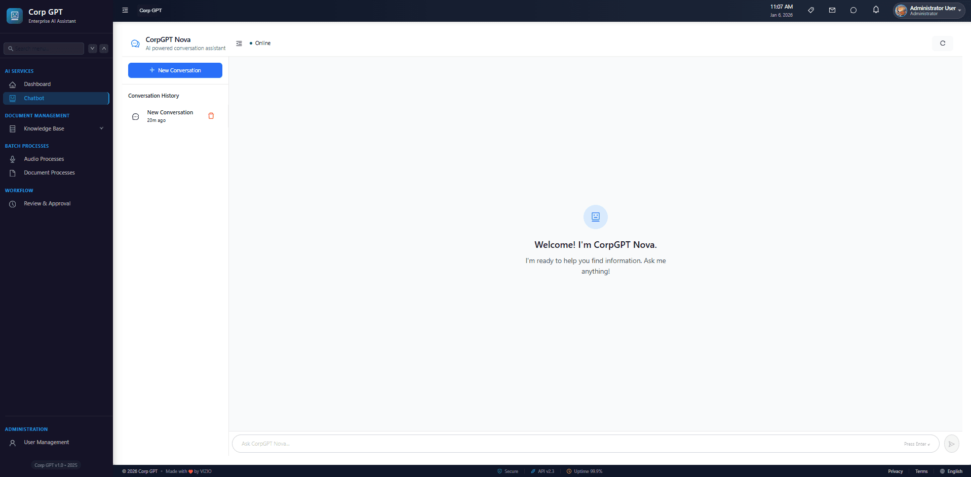 CorpGPT AI chatbot interface showing intelligent search and natural language query capabilities for enterprise documents